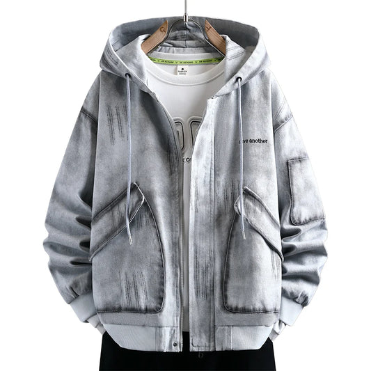 Men's Fashionable Denim Jacket - Cotton Blend Hooded Pullover