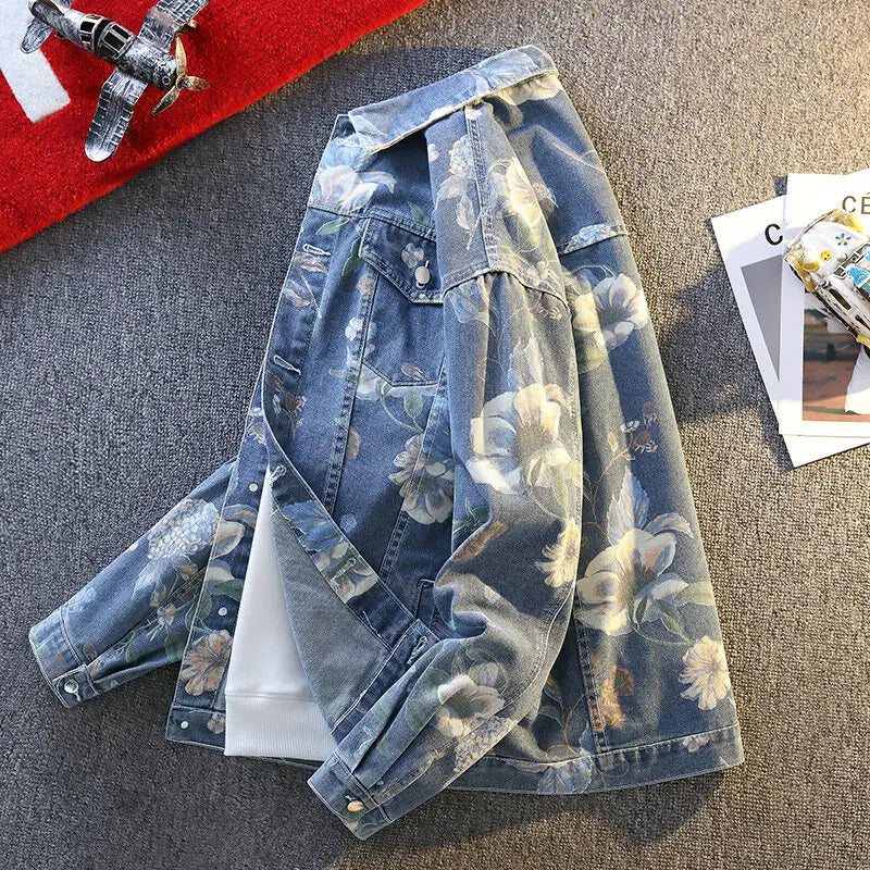 Mens Causal Oversized Cotton Casual Blue Denim print Jacket