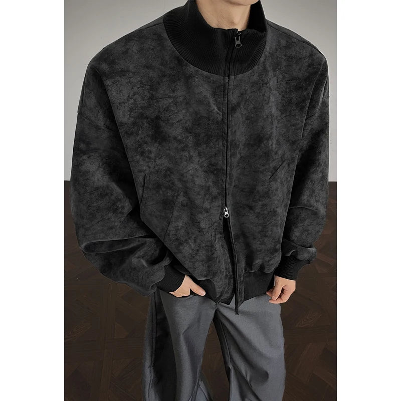 Vintage Tie-Dye Suede Jacket Men Bomber Jacket Oversized Boxy Fit Vintage Washed Texture