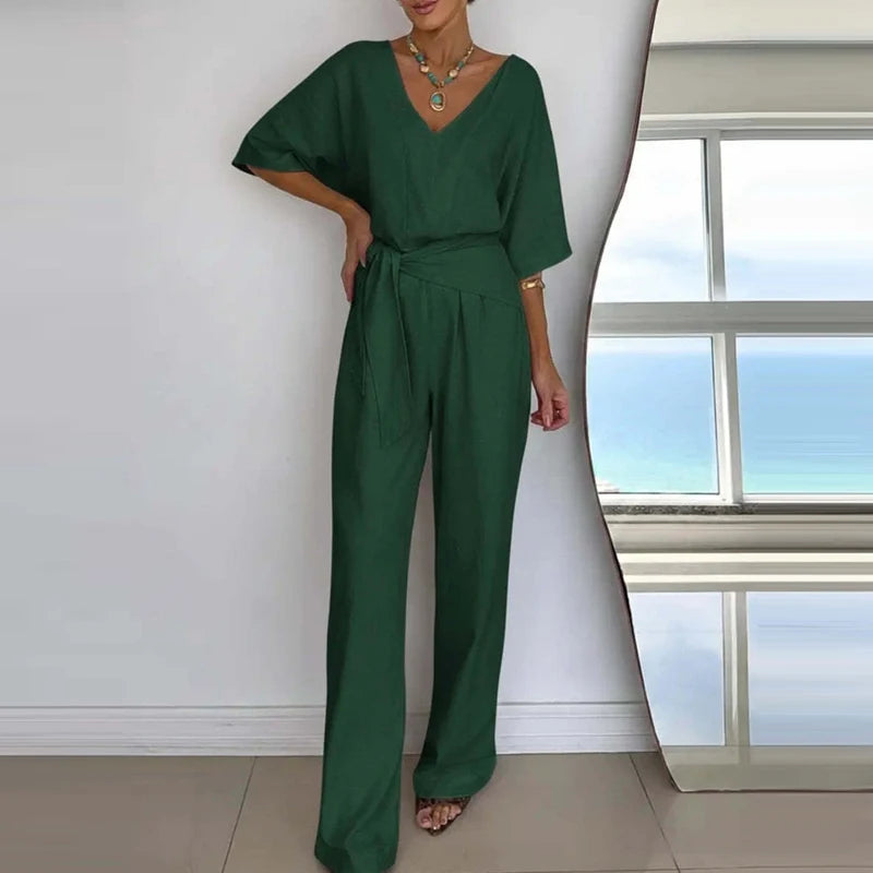 Women's Fashion Loose Playsuits Simple Solid V-neck Short Sleeved Romper