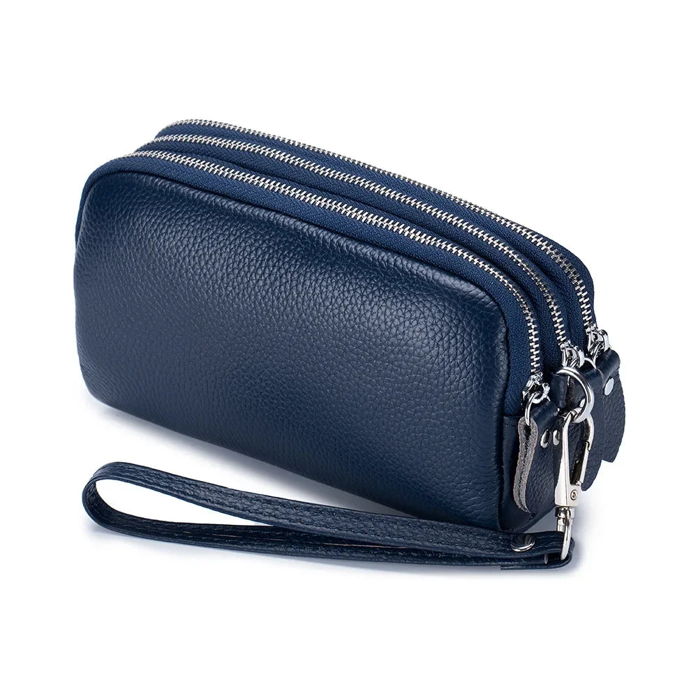 Women Long Wallet Genuine Leather 3-Layer Zipper Purse Bag