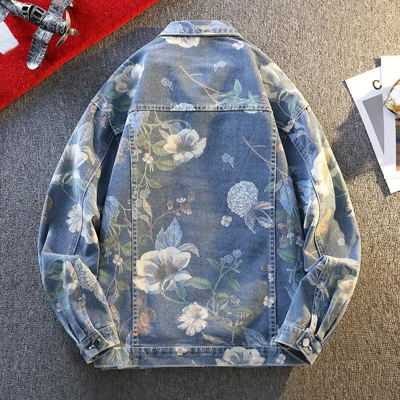 Mens Causal Oversized Cotton Casual Blue Denim print Jacket