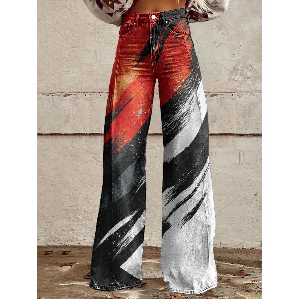 High Waisted Wide Leg Pants Artistic Ink Wash