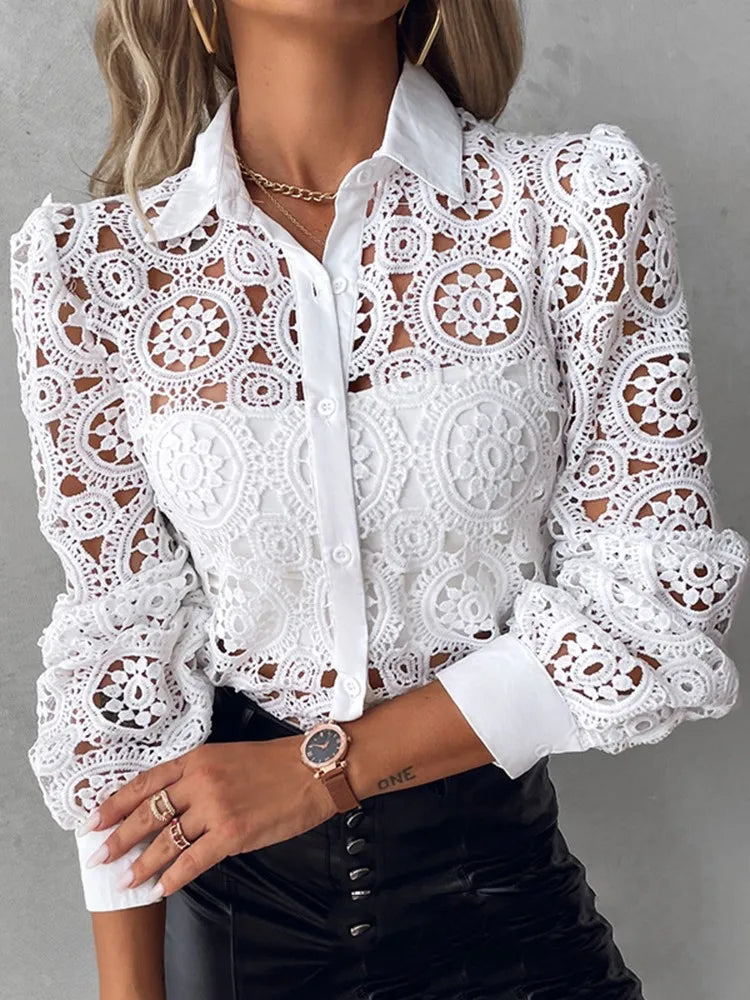 Lace Blouses For Women Elegant Office White Shirt Long Sleeve