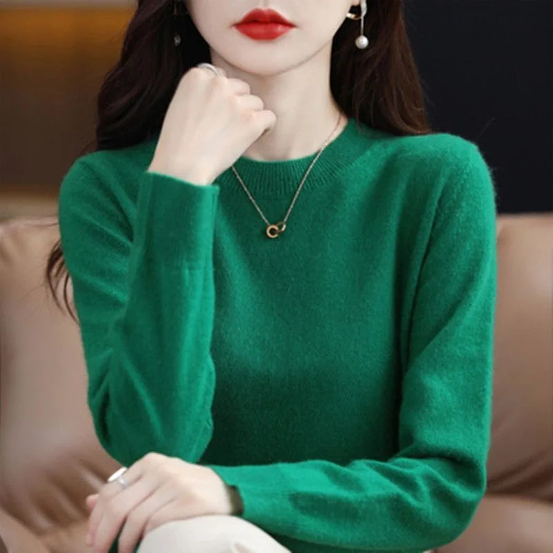 Women Sweater O-neck Long-sleeved Solid Knitwear Bottoming Shirt
