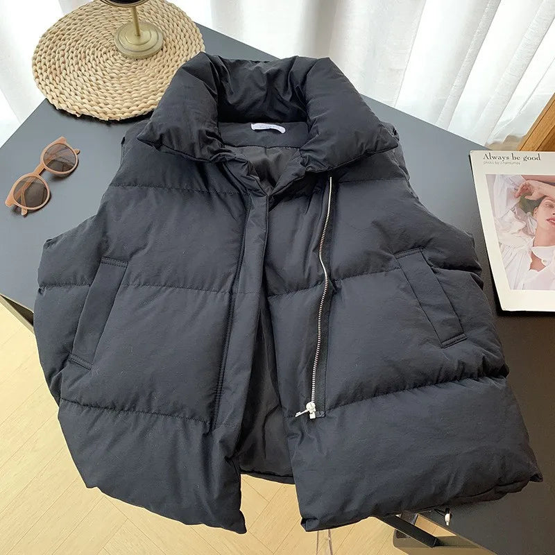 Stand Collar Elegant Down Coats Warm Outerwear Casual Belt Sleeveless Jackets