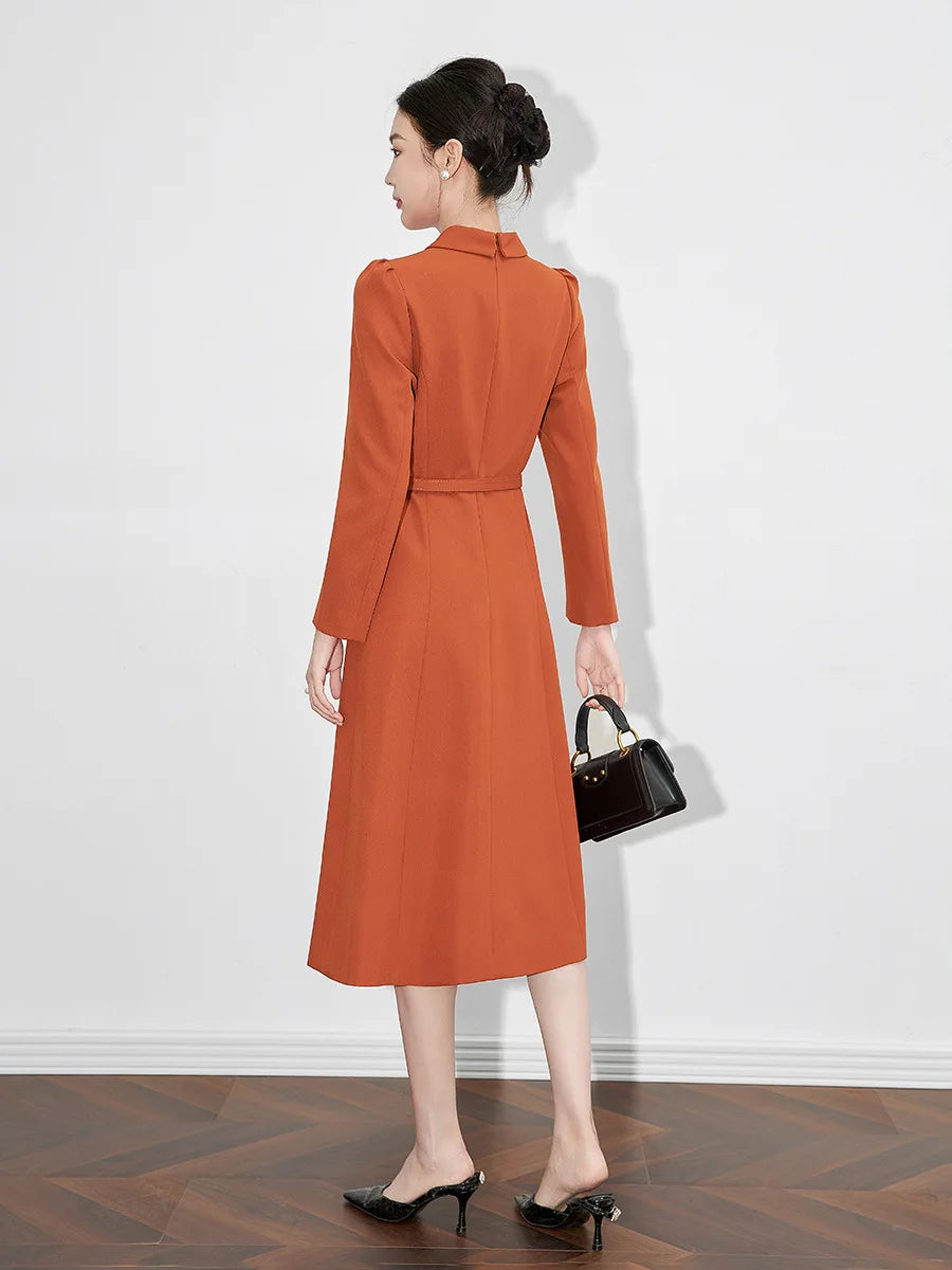 Women's Turn-down Collar Sleeves Single Breasted Sashes Dress