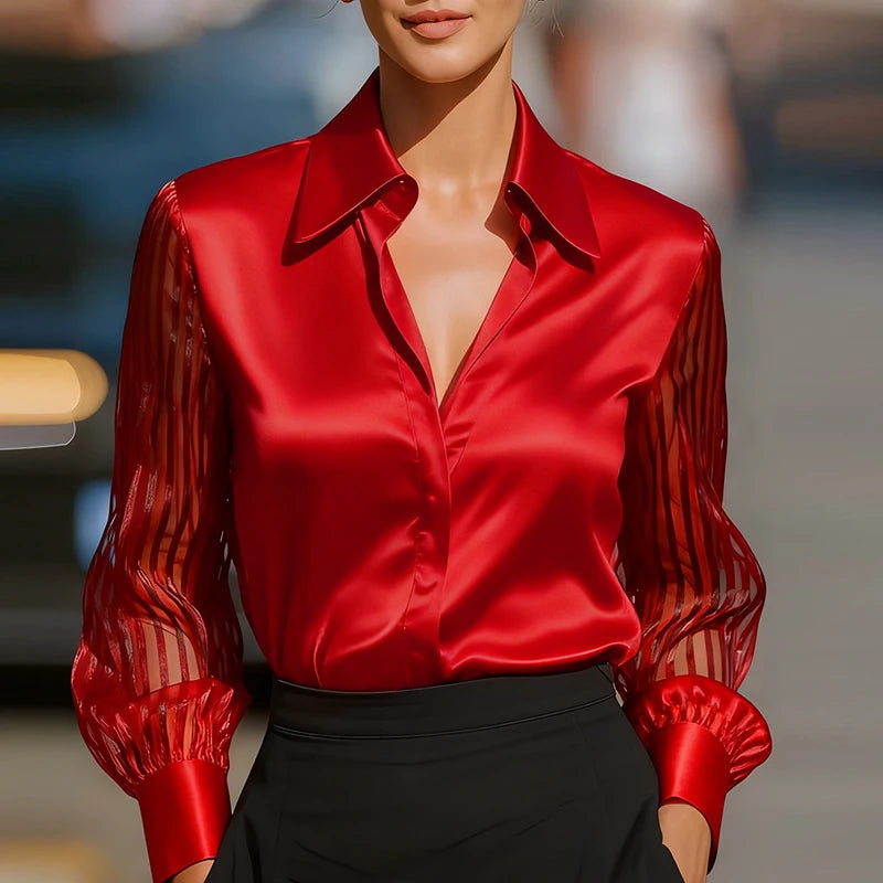 Elegant Blouses For WomenFlare Long Sleeve Button Silk Blouse