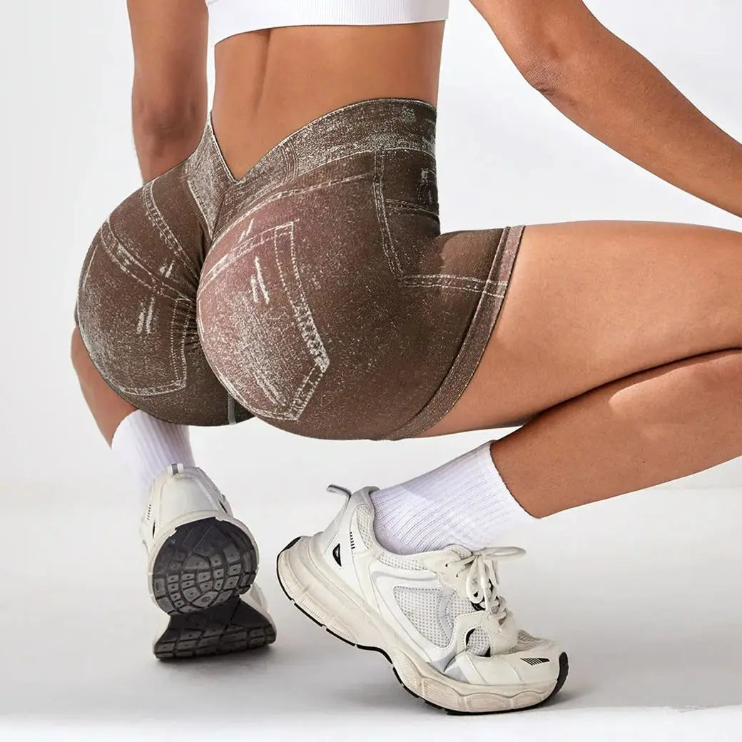 Women V back Shorts Faux Jeans Elastic Workout Pants Butt Lifting