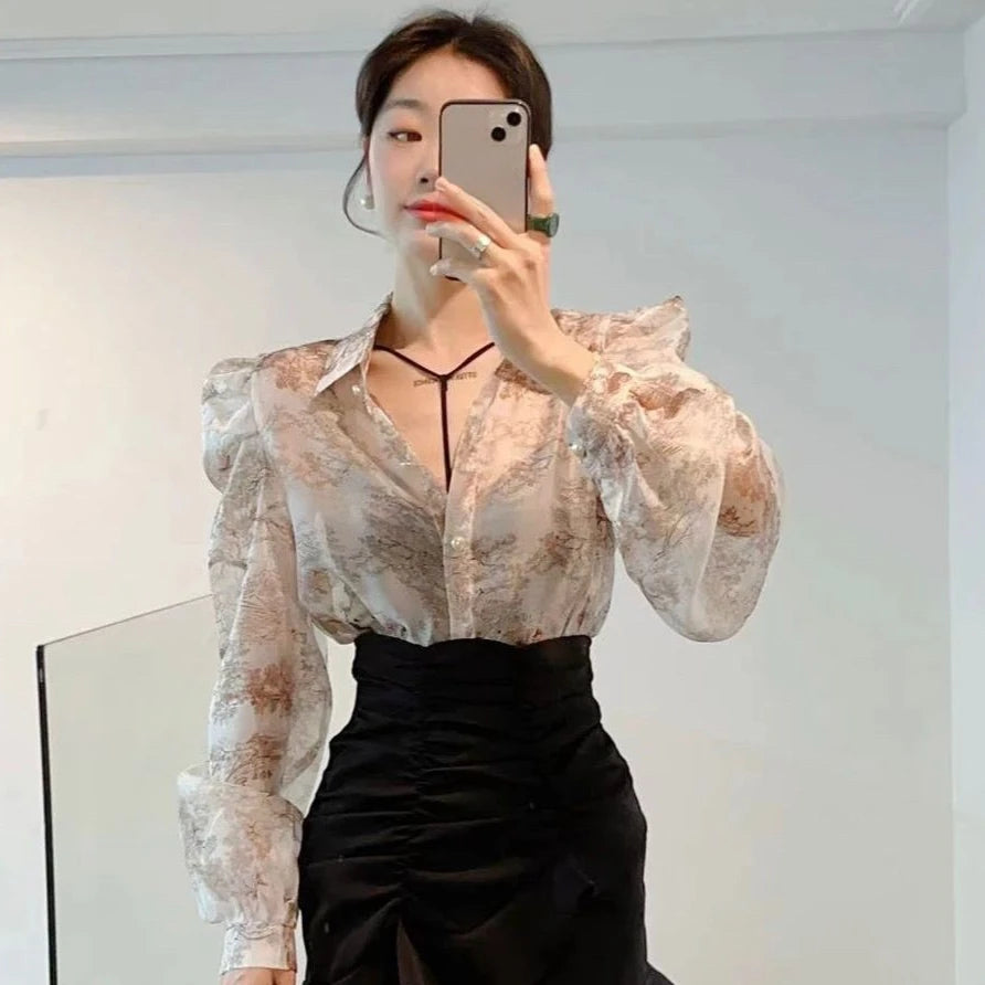 Floral Sweet Blouses for Women Loose Puff Sleeve Turn Down Collar Shirts