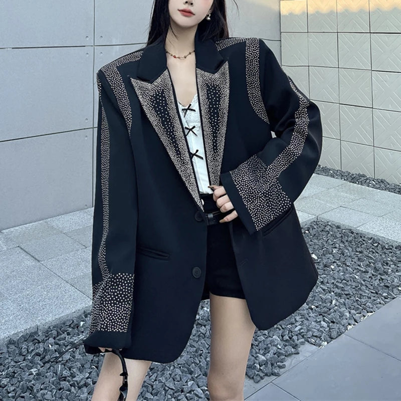 Women's BF Oversize Coats Loose Casual Single-Breasted Retro Beaded Jacket