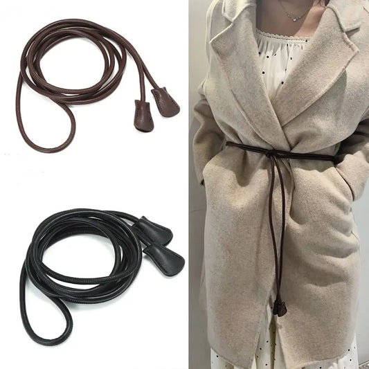 Women Knotted Thin Waistband Summer Dress Leather Belt