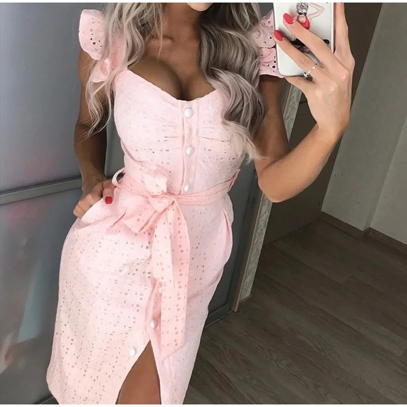 Lace Up Sexy Midi Vestidos Ruffles Sleeveless Bodycon Female Dresses