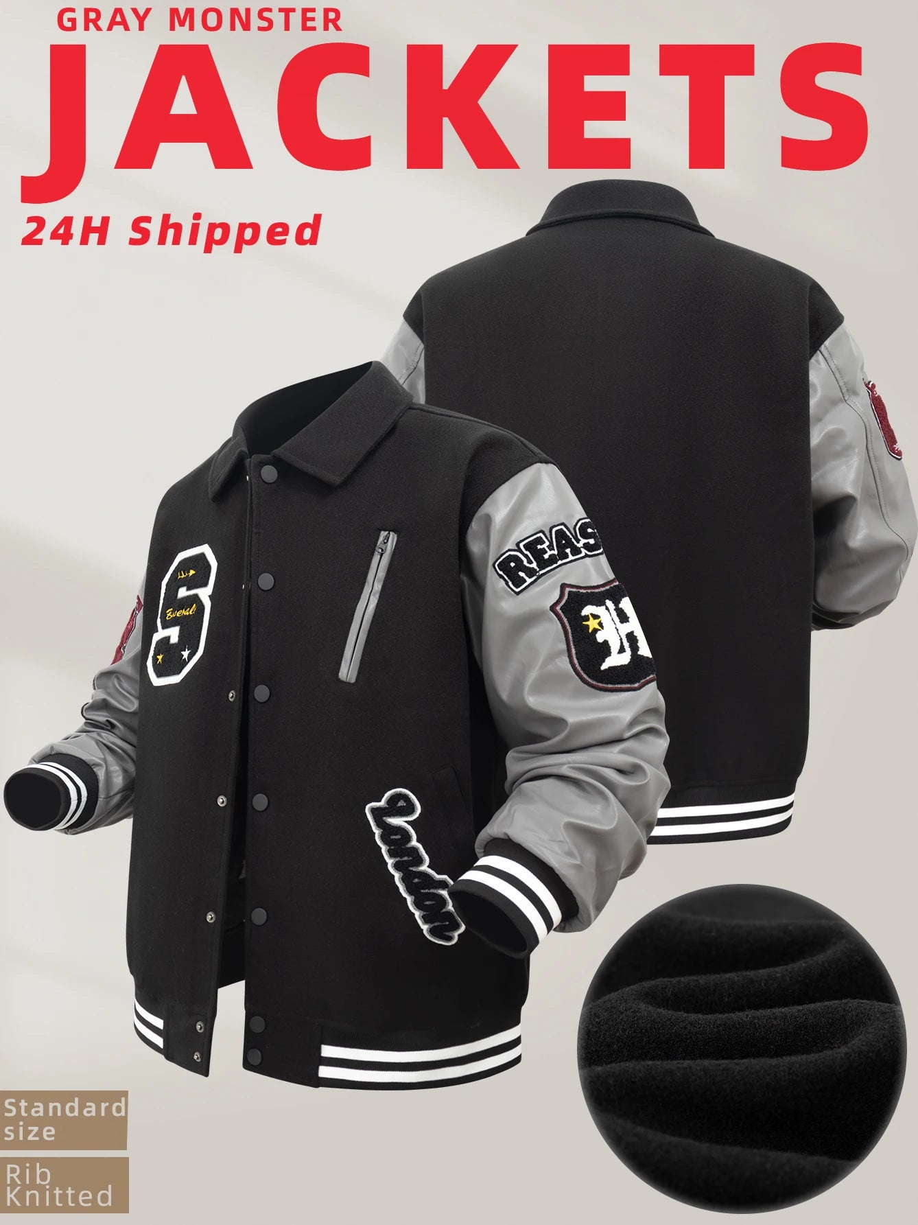 Men's Varsity Jacket Faux Leather Sleeve Vintage Motorcycle Coat Bomber