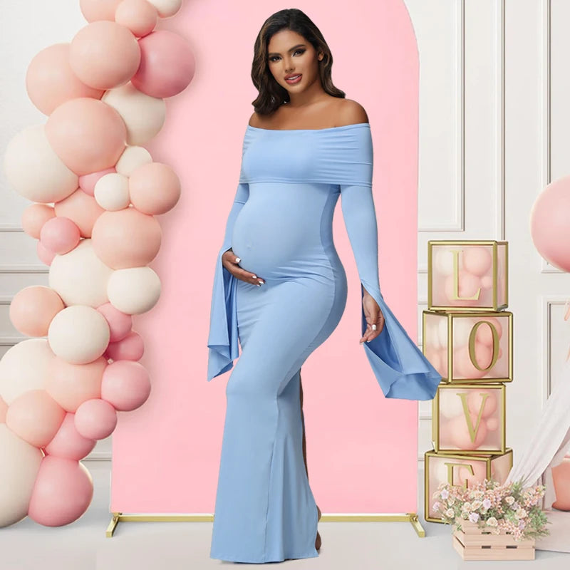 Women Maternity Off Shoulder Long Sleeve Bodycon Pregnancy  Gown