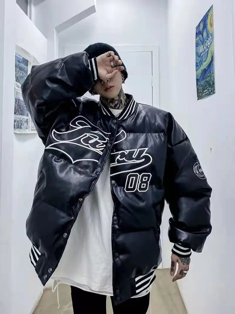 Winter PU Leather Baseball Jacket Men and Women  Patchwork Letter Embroidery