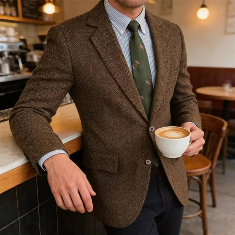 New Men's Vintage Herringbone Blazer Casual Business Suit