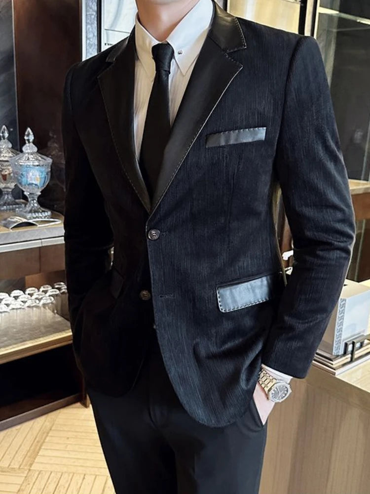 Male Coats  Leather Splicing Blazers Trendy Joker Vintage Casual