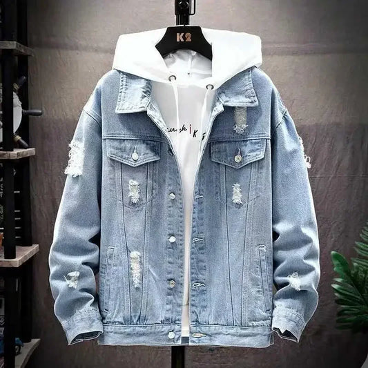 Men Denim Jacket  Ripped Hole Single Breasted Coats Spliced Outerwear
