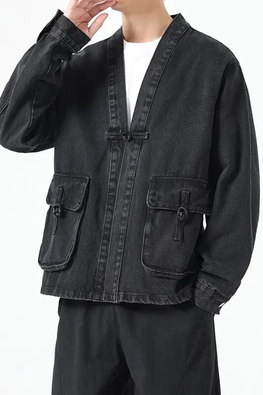 Fashion Men Denim Jacket Cotton Kimono Vintage Traditional Jackets