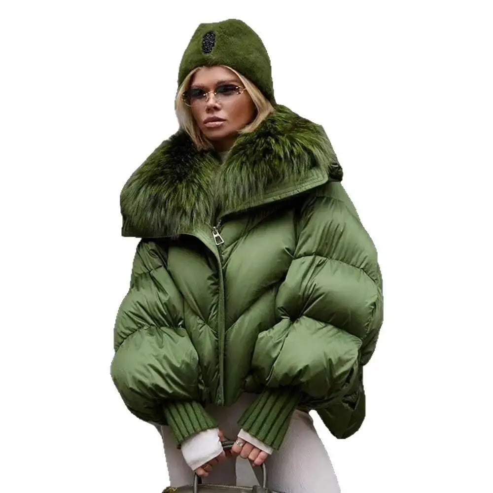 Women's Green Fur Collar Quilted Coats Loose Lady Warm Jackets