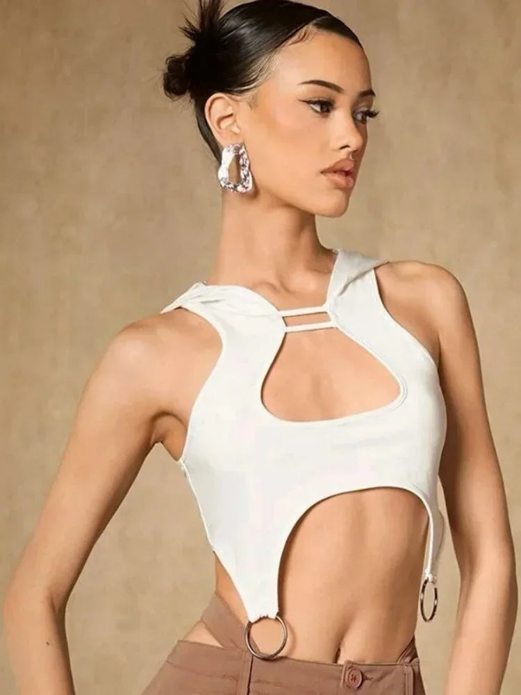 Hooded Crop Top Solid White Tank Top