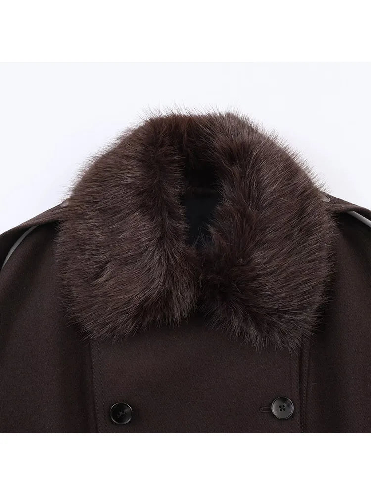 Fur Turn-Down Collar Coats Solid Long Sleeves Pocket Double Breasted Female Jackets