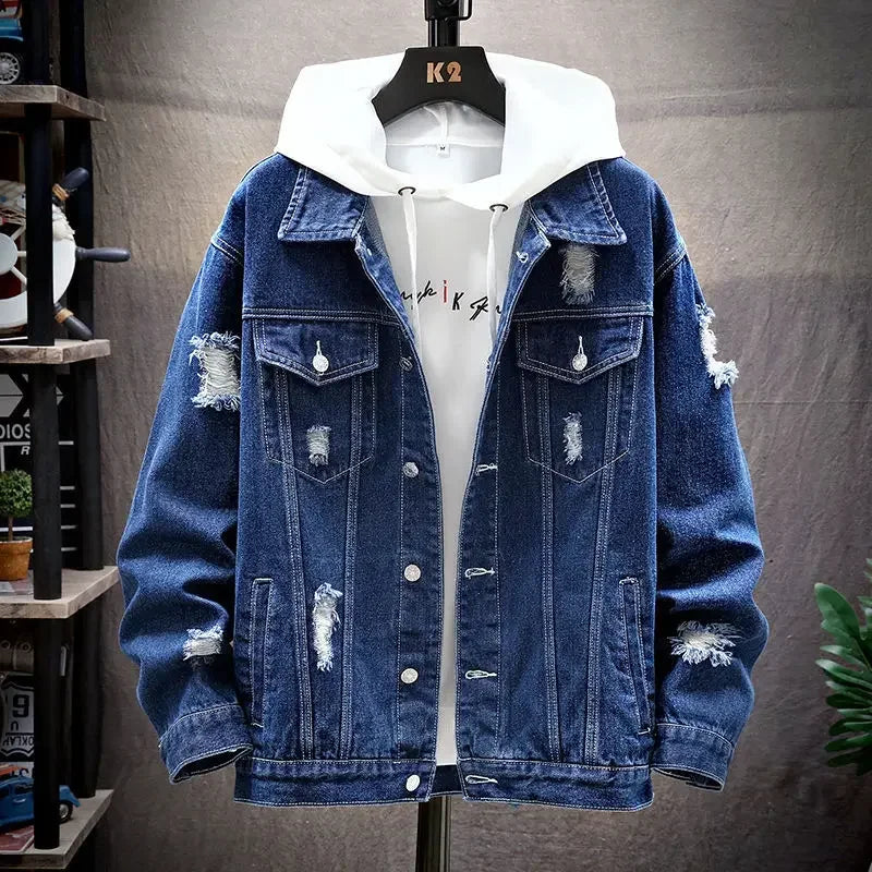 Men Denim Jacket  Ripped Hole Single Breasted Coats Spliced Outerwear