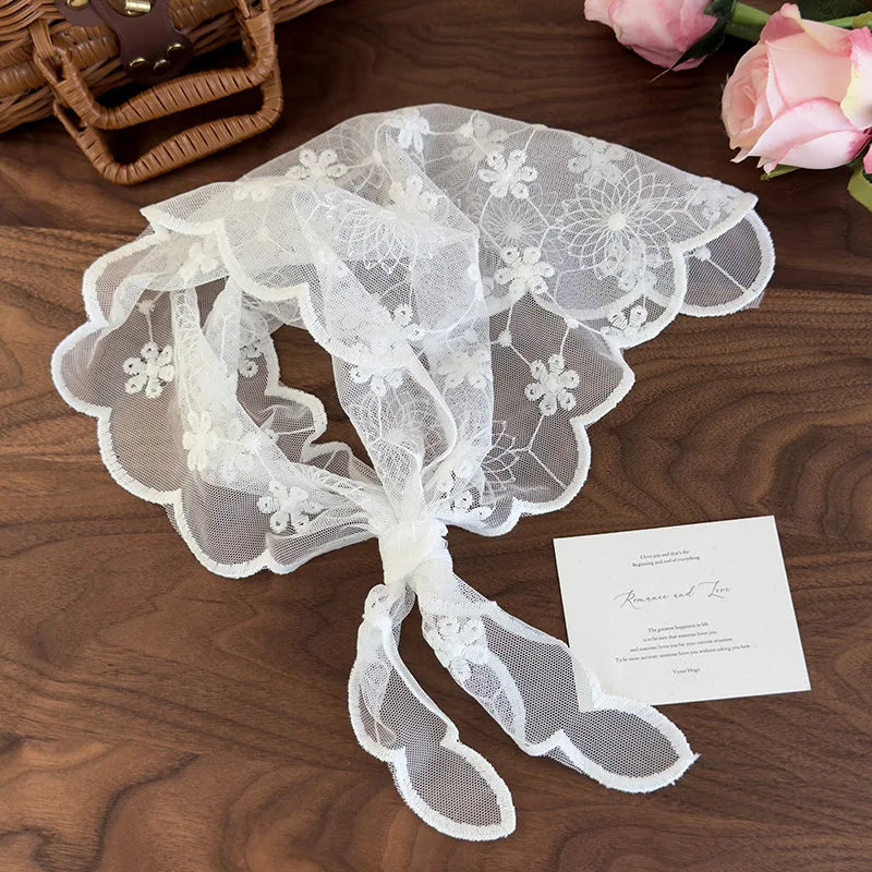 White Woven Floral Lace Hair Scarf Wraps