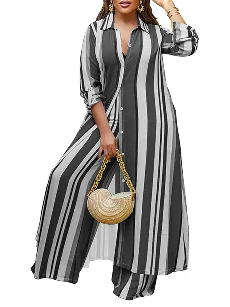 Elegant 2-piece Sets for Women  Long Shirt Blouse Full Sleeve Striped Plus Size Matching Sets