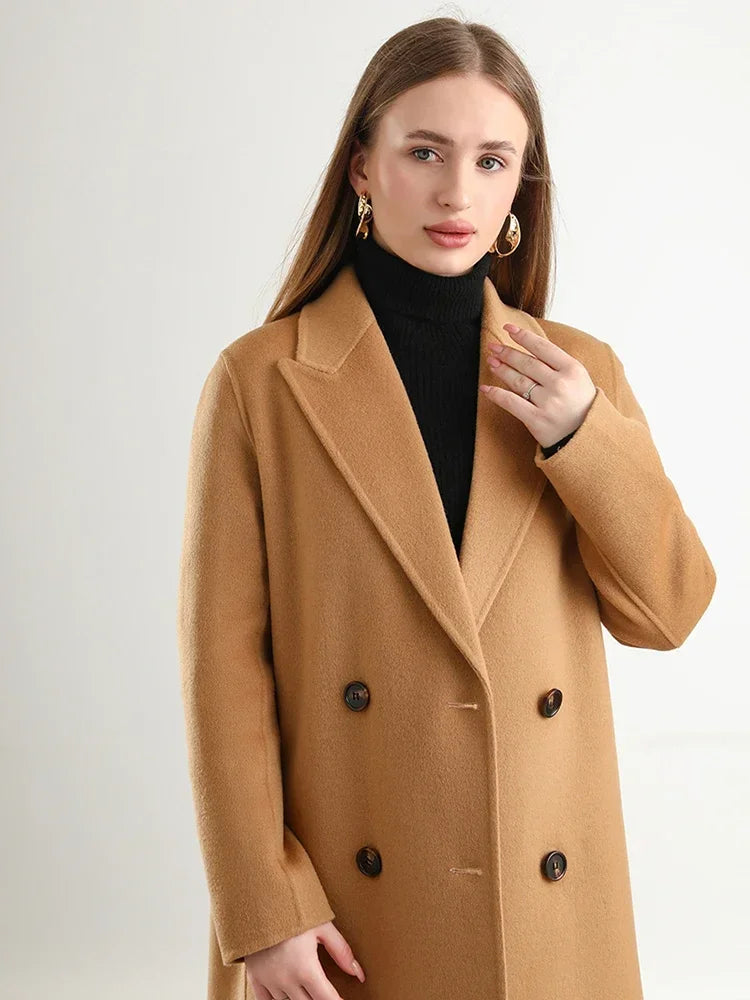 Wool Peak Lapel Overcoat Belt Double-Breasted Long Jacket Trench Coat