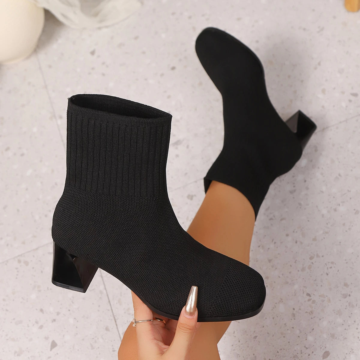 Women Boots Pointed Toe Slip on Mid-Calf Boots Spring Autumn Knitted Socks Boots