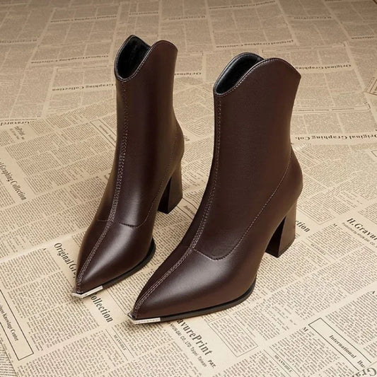 Women's autumn winter thick heeled pointed high-heeled short boots anti slip warm  shoes