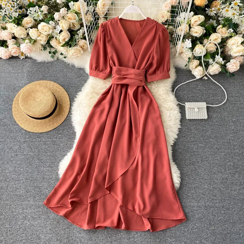 New Temperament V-neck Solid Color Bubble Short-sleeved Dress