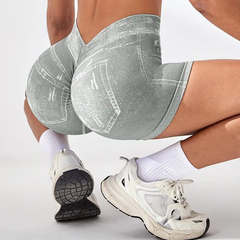 Women V back Shorts Faux Jeans Elastic Workout Pants Butt Lifting