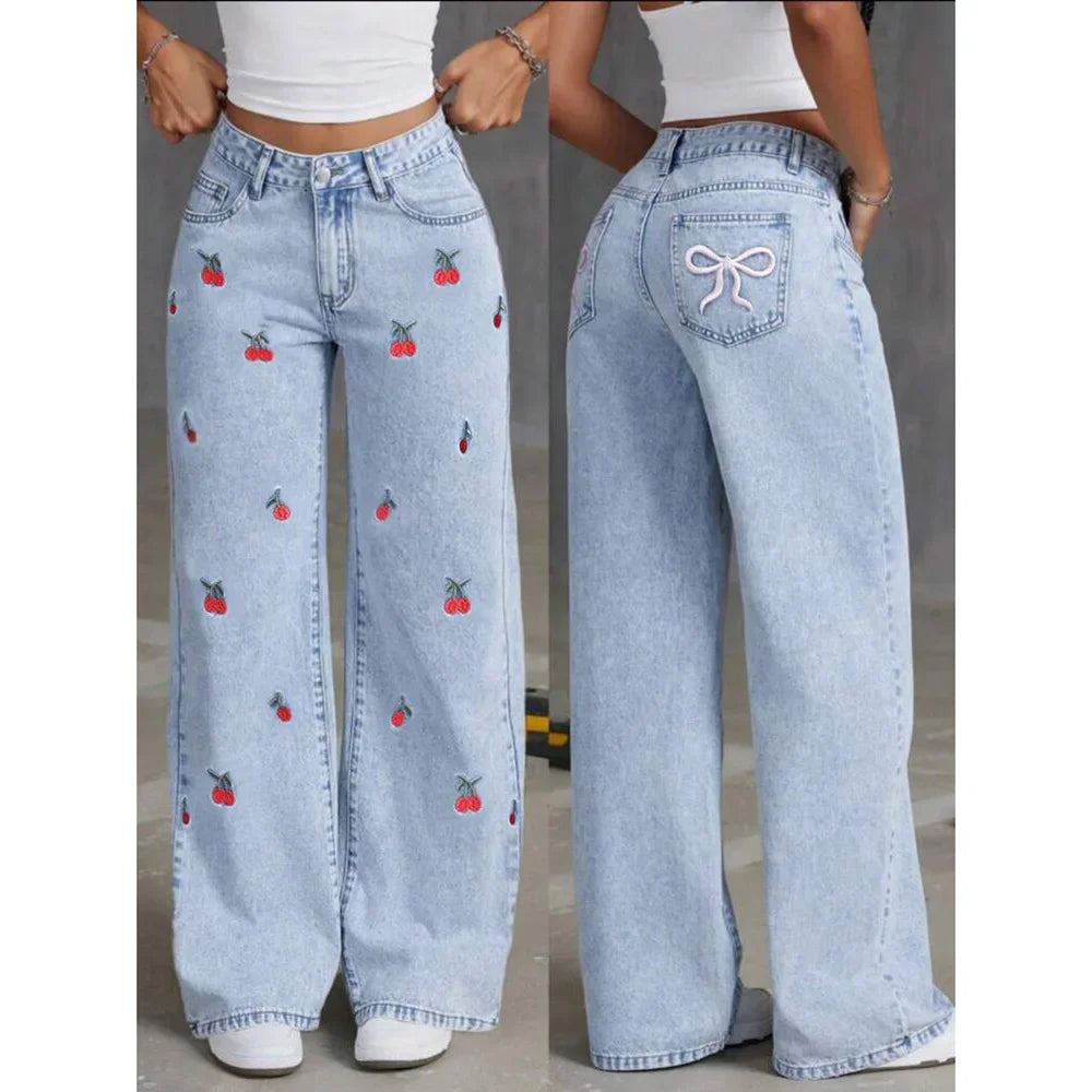 Women Jeans Embroidery High Waist Distressed Washed Pockets