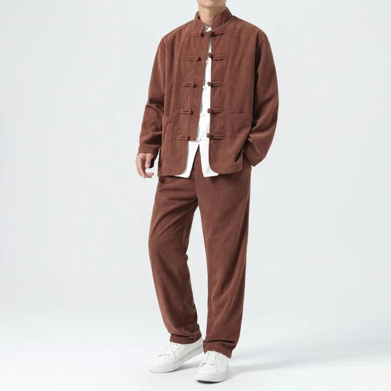 Men Corduroy Sets Men Tang Suit Jackets +Pants