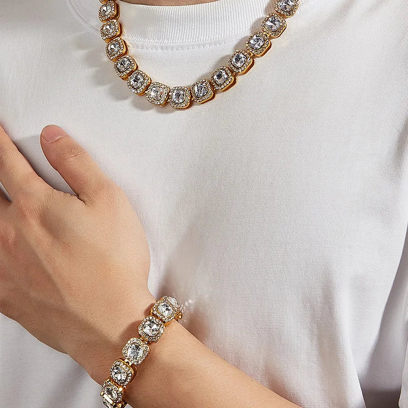 AAA Rhinestone Square Ice Crystal Tennis Chain Necklace Men's Chain