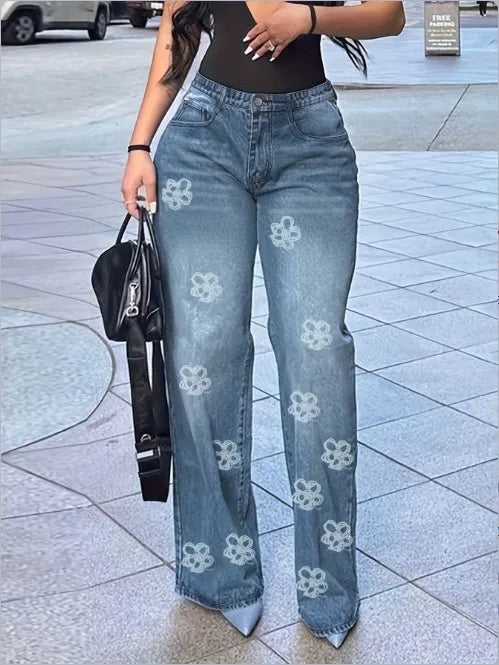 Women's Jeans   Floral Print High Waist Pocket Design Loose Jeans