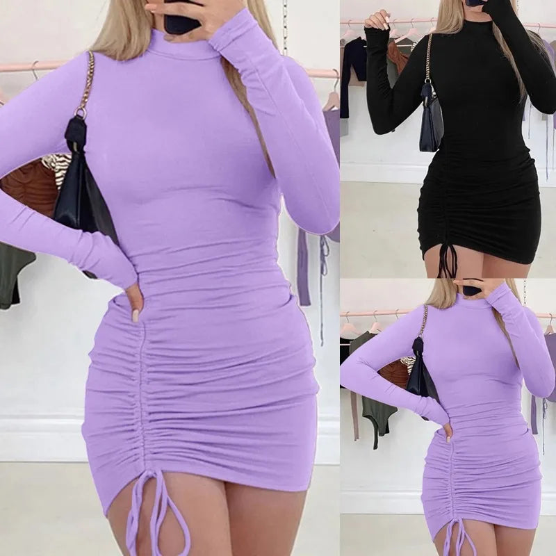 Women'S Dress Long Sleeve Solid Color Drawstring O-Neck Tight-Fitting