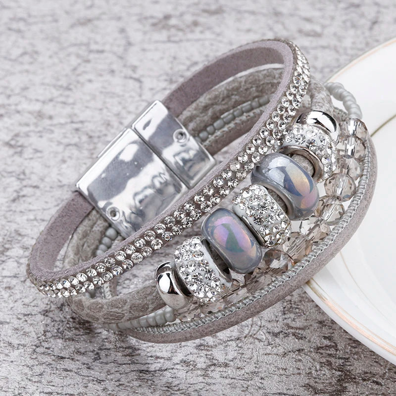 Greatera Sparkling Leather Vintage Pearl Multi-layered Magnetic Buckle Bracelet