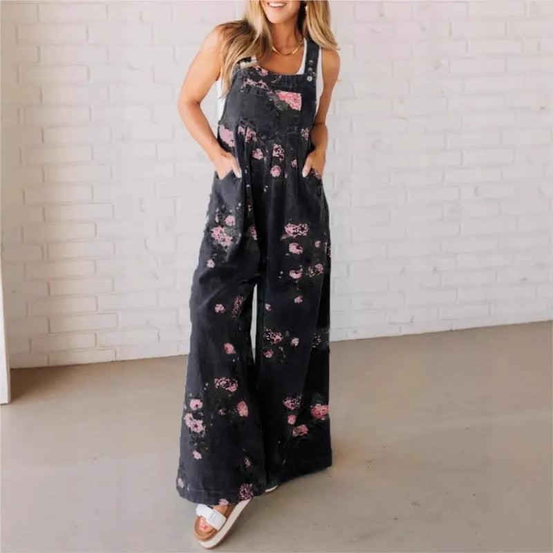 Women Jumpsuits Floral Printed Overalls Square Neck Sleeveless Rompers