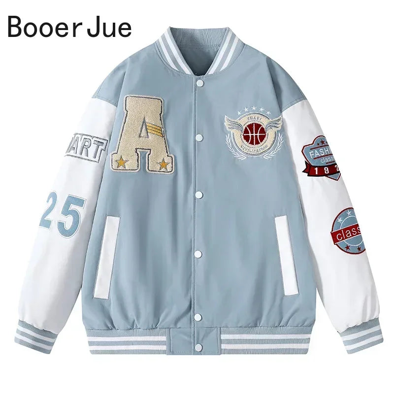 Varsity Baseball Bomber Jacket Bone Letter Patchwork Leather Jackets