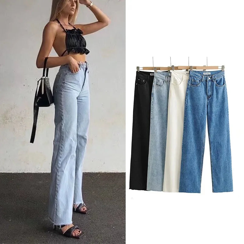 Women's High Waist Jeans Straight Leg Raw Hem Floor-Length Vintage