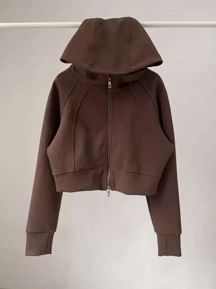 Solid Cropped Fashion Hoodies For Women  Dual Zippers Loose y2k Jackets