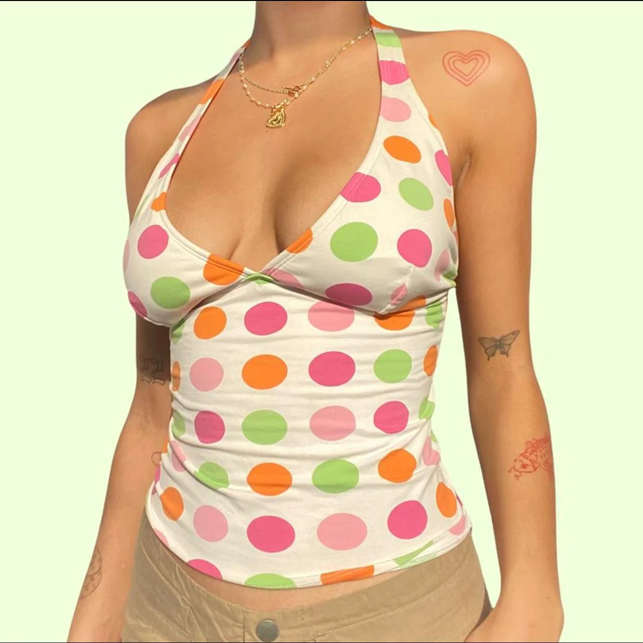Women Tank Tops Dot Print Tie-Up Halter Neck