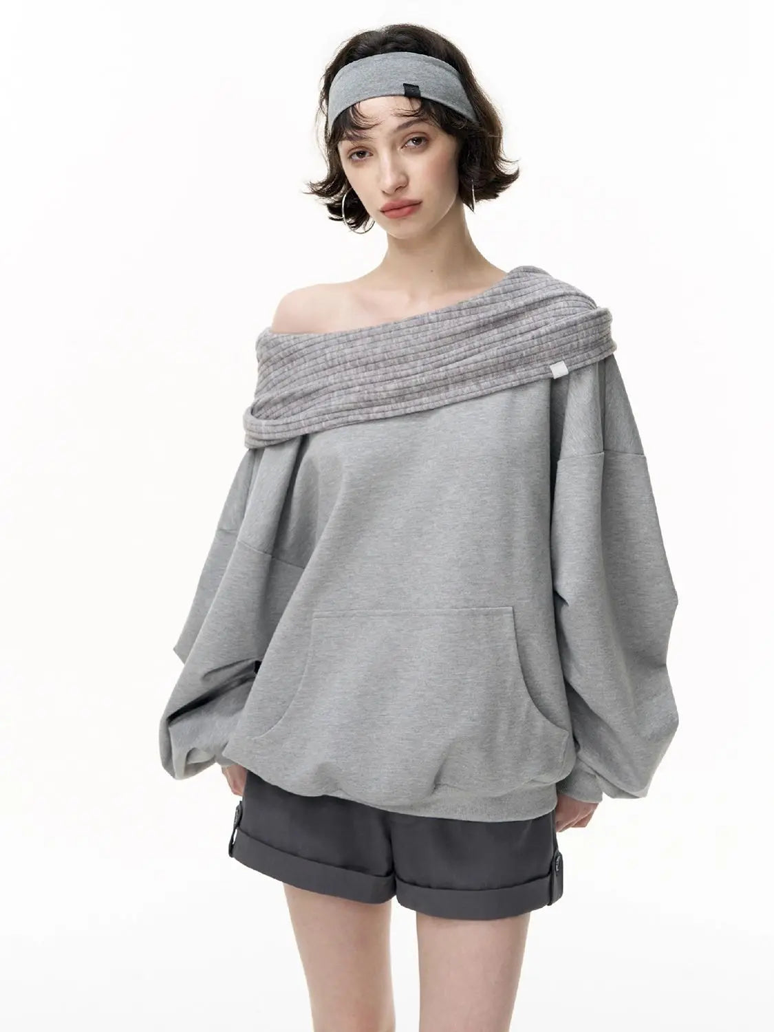 Off-Shoulder Hooded Top Women Loose Long Sleeve Pullovers