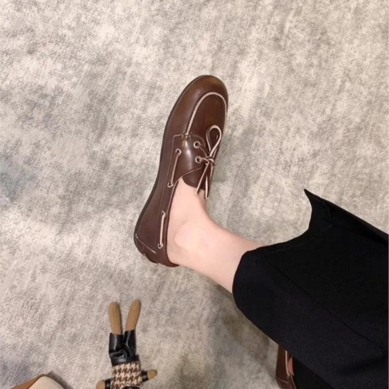 Women's Loafers Shoes Genuine Leather High Quality Round Toe Soft Bottom Flat Shoes