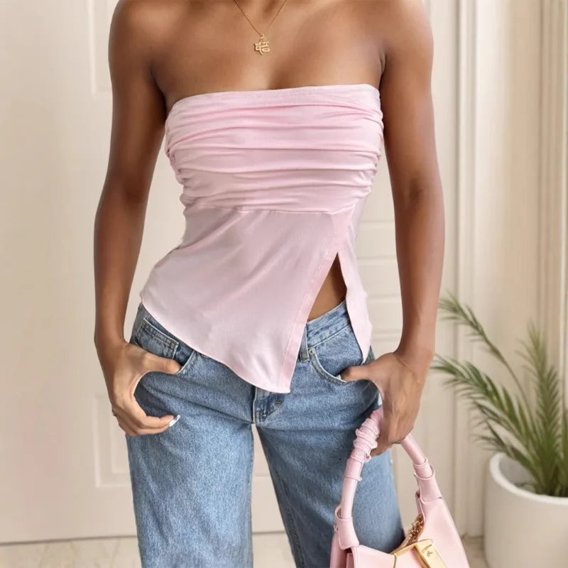 Women Summer Off Shoulder Sexy Pink Asymmetrical Tops