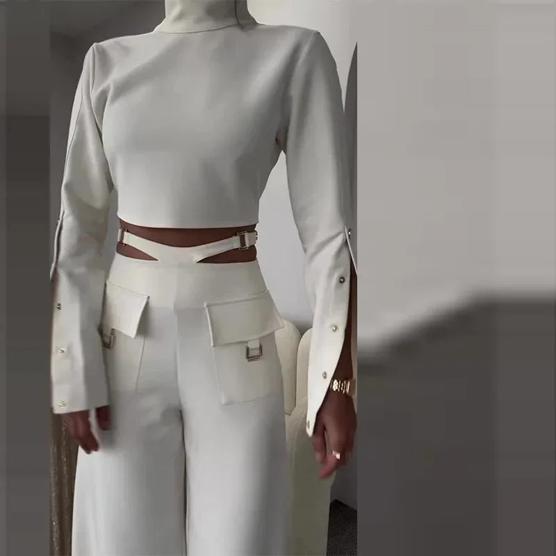 Two Piece Sets Turtleneck Full Sleeve  Sexy Wide Leg  Matching Sets